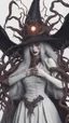 Placeholder: Demon girl wizard hat Halloween vintage girl, fullbody, creepy, horrifying, sinister, many worms parasite creature connected to the head and hands, sparks around her, sparks cybernetic, intricate, 8k, macro photography,