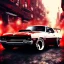 Placeholder: spray paint art, long shiny flat red and white muscle car in motion, man in suit with big machine guns and great style,bullets flying, evening, seen from balcony, dirty city alley, heist action, book cover