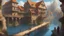 Placeholder: medieval buildings with balconies overhanging lake edge with blue sky and people, photorealism, fantastical, intricate detail, splash screen, concept art