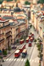 Placeholder: diorama style birds-eye view with tilt shift effect of historic old town of the 1910s European city that looks like SimCity version of Vienna. There should be toy-like trams and old toy cars and horse-drawn carriages on streets. Everything should look old and luxurious.