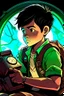 Placeholder: gimme a book cover photo which a boy 11 year old with dark hair in the dark with a backpack and a watch who is laying unconisous