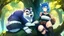 Placeholder: Girl, blue hair, raccoon ears, raccoon tail, raccoon face, forest, sit on tree, raccoon paws on hand