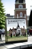 Placeholder: quintessential church square box with steeple with people walking out of it with the label "domestic terrorists"