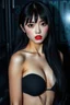 Placeholder: Beautiful Japanese woman, very long black hair, very serious, surprised, red lips, black eyes, nice body, big bubs, with dark and gloomy technological background, high image quality, good understanding of artificial intelligence to create the image.