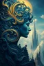 Placeholder: Prompt : An Images of the art of possession in conceptual art surreal, intricate composition featuring a profile of a seamlessly into a swirling, ,Rich shades of blue and gold dominate the image, creating a sense of depth. In the background, fantastical, towering structures rise against a softly lit sky, adding to the dreamlike quality of the scene.