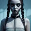 Placeholder: Wednesday Addams, Wednesday with braids standing with her arms crossed, dark, soft goth lip, hyper detail, octane render, unreal engine 5, photorealistic, 8k resulation