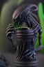 Placeholder: an extremely realistic highly-detailed 4k image of a muscular lean black metallic xenomorph alien in the style of H R Giger and an extremely realistic highly-detailed 4k native human shaman, the shaman hands the alien a small brown clay cup,dark color palette, a dark trippy colorful landscape, thick dark green vegetation, 35mm, medium shot