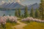 Placeholder: Sunny day, mountains, flowers, pathway, pine trees, lake, distant trees, theodore robinson impressionism painting