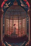 Placeholder: I needed to create a non-realistic illustration in a fantasy style, expressing the theme of freedom. The picture adopts an overhead perspective, and the content is in a dark, luxurious, retro banquet scene. The main subject of the picture is a huge birdcage, and in the cage is the scene of a luxurious banquet. Outside the cage are scenes such as dilapidated beams. In the upper part of the painting, outside the cage, a sheet of feathers falls in the sacred overhead light