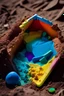 Placeholder: A colorful plastic object was found in an archaeological excavation. The moment of being in the ground. Realistic photography.