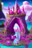 Placeholder: paesaggio fatato rosa violetto, con con fata, unicorno, gnomi fiori , castello fatato, con sfondo di fiori e piante, fiume