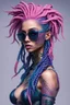 Placeholder: entire body mermaid cyberpunk some fish scales on face pink and indigo hair dreadlock sunglasses