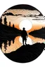 Placeholder: circlular edge made from small outdoor drawings. inside circle a silhuet hiker walking next to a lake in a mountain scenery in sunset