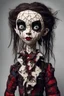 Placeholder: full color, illustration of a dark menacing Scottish vampire girl, tall and willowy , as a decayed, broken, crude homemade patchwork cloth doll toy, with a cracked porcelain face, thick dark eyebrows, hair made from ragged strips of cloth, in the style of Nadya Sheremet