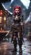 Placeholder: full figure with metallic stone gauntlets holding dark jagged dagger, standing on wet tiled floor outside fantasy tavern, focused female brownie vampire gnome from worms armageddon wearing makeup, bokeh like f/0.8, tilt-shift lens 8k, high detail, smooth render, down-light, unreal engine, prize winning