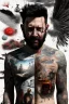 Placeholder: a surreal collage in ultra-realistic 8K quality depicting a tired and stressed man as the central focus, he is half naked and covered with trendy tattoos, huge black wings behind him, surrounded by an explosive array of distant smoke, ghostly figures, Barb wire and black feathers seamlessly coming together to form a unique display. Incorporate thick impasto-style oil paint spots in various areas to enhance the surreal and exceptional nature of the image