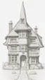 Placeholder: A highly detailed front elevation line drawing of a crooked fantasy house, with a twisted tall chimney, rooms and floors added to the sides and roofs, like Harry Potter's the Burrow.