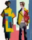 Placeholder: whimsical arafed nonsense, patchwork vibe, a young woman and a young man are strolling down a rainy whimsical downtown street with their arms linked, (((exaggerated body parts))), (((oversize head))), sharp color contrasts, amazing shadows, (((exaggerated limbs and head))), minimal cozy, warm palette, bright bold warm summer colors with yellow orange black colors, color leak, heavily distorted views, amazing parallels