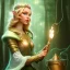 Placeholder: romantic fantasy spray painting, portrait of cute green eyed blonde robed elf poet with cute ornament,sitting in swing, loosing torch in magical forest