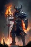 Placeholder: dark lord in dark fantasy style wielding greataxe that is on fire and who wears black armor