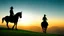 Placeholder: Silhouette of a lone horseback rider on the green hill at sunrise