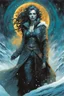 Placeholder: create a highly detailed high fantasy portrait illustration of a sensual sorceress clothed in hoarfrost, amidst a swirling blizzard on the eve of Samhain under the watch of a baleful moon in the graphic novel style of Bill Sienkiewicz, with highly detailed facial features and clothing, with an otherworldly and ethereal background by Van Gogh