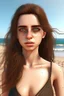 Placeholder: Frau, 26-jährig, realistische Haut, realistische Haare, lasziver Blick, grosse augen, bikini am strand.