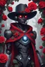 Placeholder: create an androgynous robot, with dark grey skin, with a black cowboy hat, with glowing red eyes, with a red cloak, and covered in vines and roses