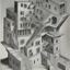 Placeholder: A building in 3 axis with stairs upside down and in several spacial dimensions and directions by artist "Escher" and "Tichenor"