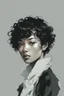 Placeholder: Portrait of a young female with short black curly hair, with a dark skin complexion, drawn in the Yoji Shinkawa style.