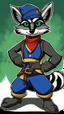 Placeholder: Make a Sly Cooper: Thieves in Time styled oc. He is a raccoon with sleek, charcoal-gray fur and emerald-green eyes. He has a sly and mischievous expression, with a black mask-like pattern around his eyes. He wears a tattered, dark blue bandit's outfit with a red sash and a feathered hat that adds to his roguish charm. He also sports a leather pouch at the base of his tail for carrying stolen treasures.