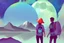 Placeholder: illustration concept art water color style for teenagers in other planet watching the moon and mountains having adventure two teenagers are walking mystery weird cretures mushroomsexiting