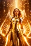 Placeholder: Photograph beautiful Angel woman armor long hair stand face front in impact picture,translucent and glowing metallic patterns,glowing metal objects hovering in the air and surrounding him,Electric arcs and sparks,flow of energy,translucent magnetic lines,golden and shimmering light effects