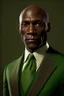 Placeholder: realistic Portrait of a man in his late forties. He wears a brown suit and a green tie and he is bald. dark skin. he looks like a politcian