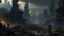 Placeholder: dark cyberpunk fantasy city in distance with piles of dead robots and scrap