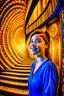 Placeholder: awake inside a dream, woman smiling online in the style of escher, spray paint, photo realism, trending on art station, 8k, depth of field, down light, light rays, volumetric, reflective spiral staircase, blue, yellow, golden brown and orange