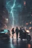 Placeholder: Science fiction, cyberpunk, city street, couple girl and guy, together, love at first sight, forbidden love, storm, lightning, motorcycle