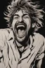 Placeholder: deranged laughing man with messy hair and stubble