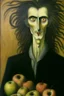 Placeholder: composition hair fully in focus full shot, Leonora Carrington fine detailed oil painting portrait of a man with apples