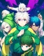 Placeholder: Young boy aged 14, determined, has short white hair, wears a green t-shirt with yellow stripes, wears a scarf with the colors of the rainbow, He is sad but looks ahead with a determined look, has light blue eyes, stars behind the character, and a colorful aura.