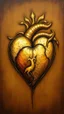 Placeholder: Bosch style painting , heart of gold metallic heart in details on brown background