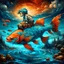 Placeholder: dreamlike, Esao Andrews-esque scene where a barefoot boy in tattered overalls rides atop a colossal, iridescent koi fish through a surreal twilight lagoon, his arms wrapped around the fish's sleek, glistening body as if it were a trusty steed. The fish's scales shimmer with impossible huespearlescent blues melting into burnt orangeswhile its fins fan out like delicate silk banners torn from some celestial tapestry. Around them, the water refracts into liquid prisms, distorting reflections of gna
