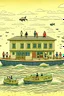 Placeholder: A building floating above the sea, people sitting in the boat wanting to enter the building, and fish rushing into the sea