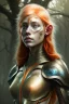 Placeholder: painting of a tall elven young woman with short light orange hair and freckles and tree tattoos on his cheekbones light armor, full body, ultra realistic, concept art, intricate details, eerie, highly detailed, photorealistic, octane render, 8 k, unreal engine. art by artgerm and greg rutkowski and charlie bowater and magali villeneuve and alphonse mucha