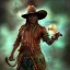 Placeholder: Insanely detailed photograph of an “ a midevil cowboy warrior "with worn Sombrero, handsome charo,cigar,glowing bluish green orb in outstretched hand, hyperdetailed painting by Ismail Inceoglu Huang Guangjian and Dan Witz CGSociety ZBrush Central fantasy art album cover art,8K, hdr, mysterious, flickeringlights ,Stoic