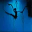 Placeholder: Minimal abstract oil painting of a upside down person limbs sinew twisted . Background of bright blue with random words. hanging wires illuminated at night. In the style of Justin Mortimer and Phil Hale and Ashley Wood