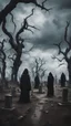 Placeholder: In the center of the eerie cemetery there are many figures in black robes, against the backdrop of a gloomy sky and dead trees.