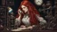 Placeholder: Victorian red long hair woman leaning over a desk, working on a tiny clockwork machine, while looking through a magnifying glass, in a dark laboratory, full of devices and machines