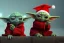 Placeholder: baby yoda wearing a red christmas hat . busy cyber city back drop