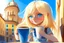 Placeholder: contented cute blonde blue eyed chibi girl drinking coffee in Italy in sunshine